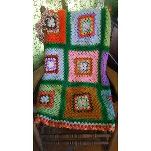 Big, Colorful, and Cheery Handmade Granny Square Afghan Throw Blanket 60 x 60 in